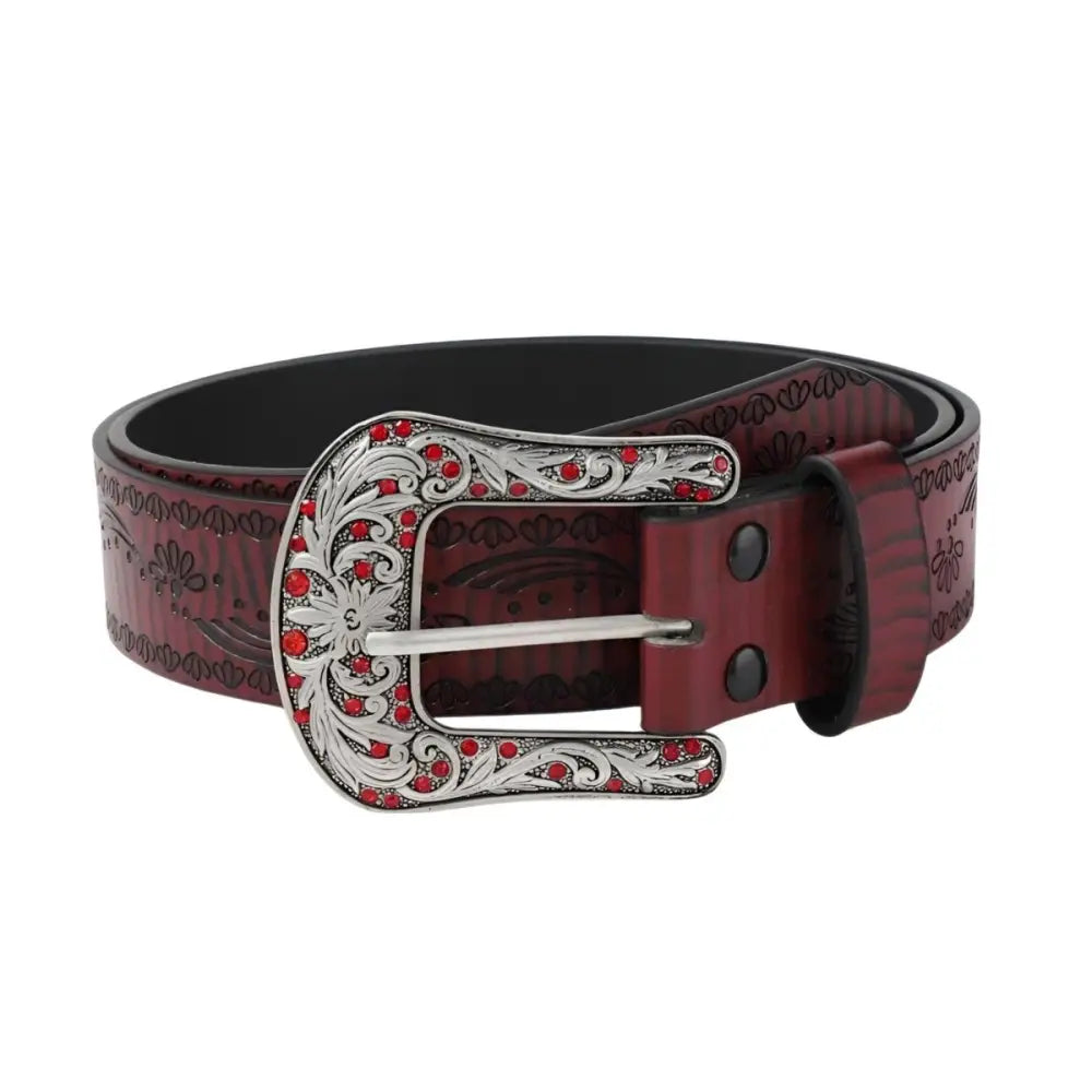 Embossed Burgundy Leather Belt with Floral Pattern Western Design and Jeweled Buckle