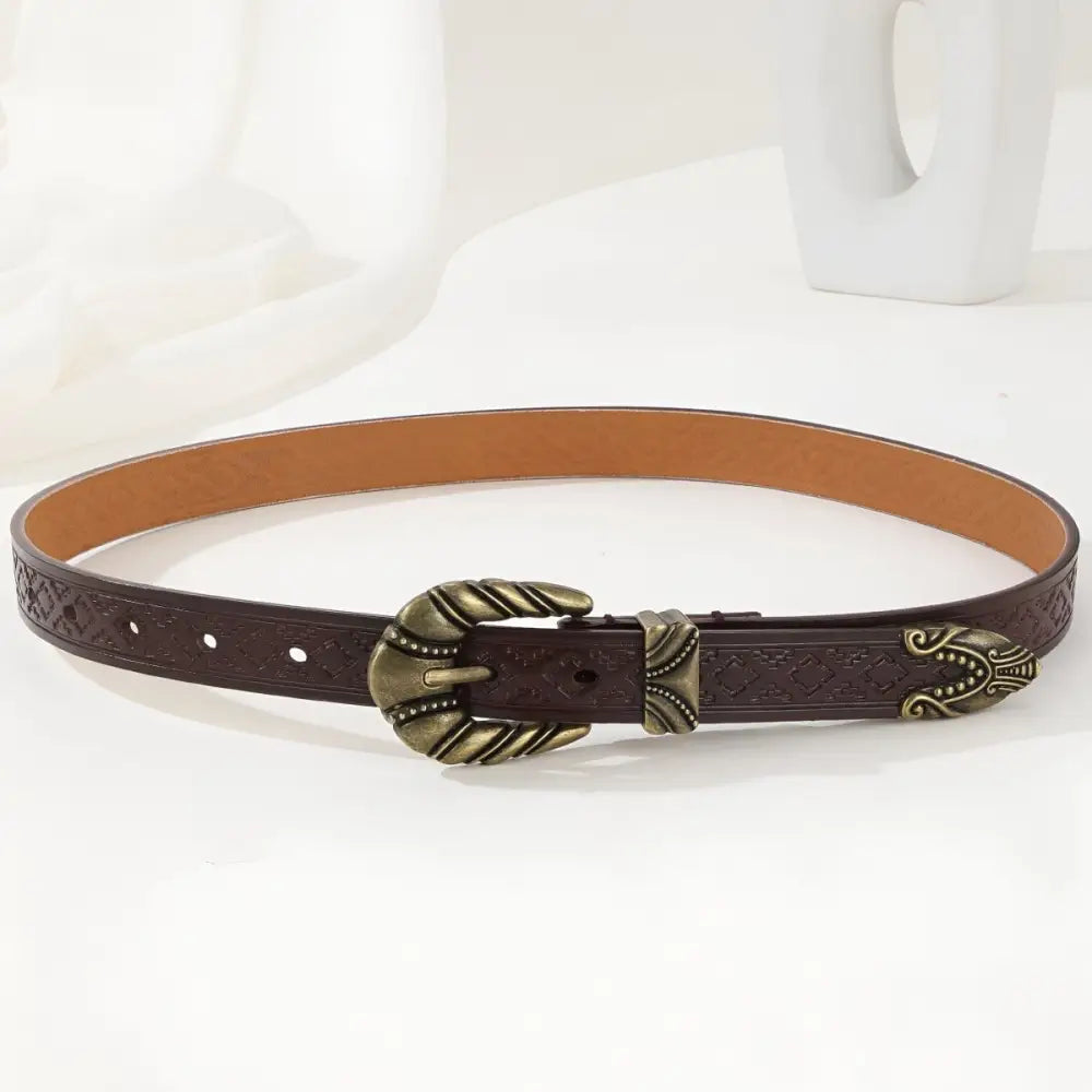 Brown leather Imada Western Belt with Ornate Metal Buckle and Tip for Western Belt style