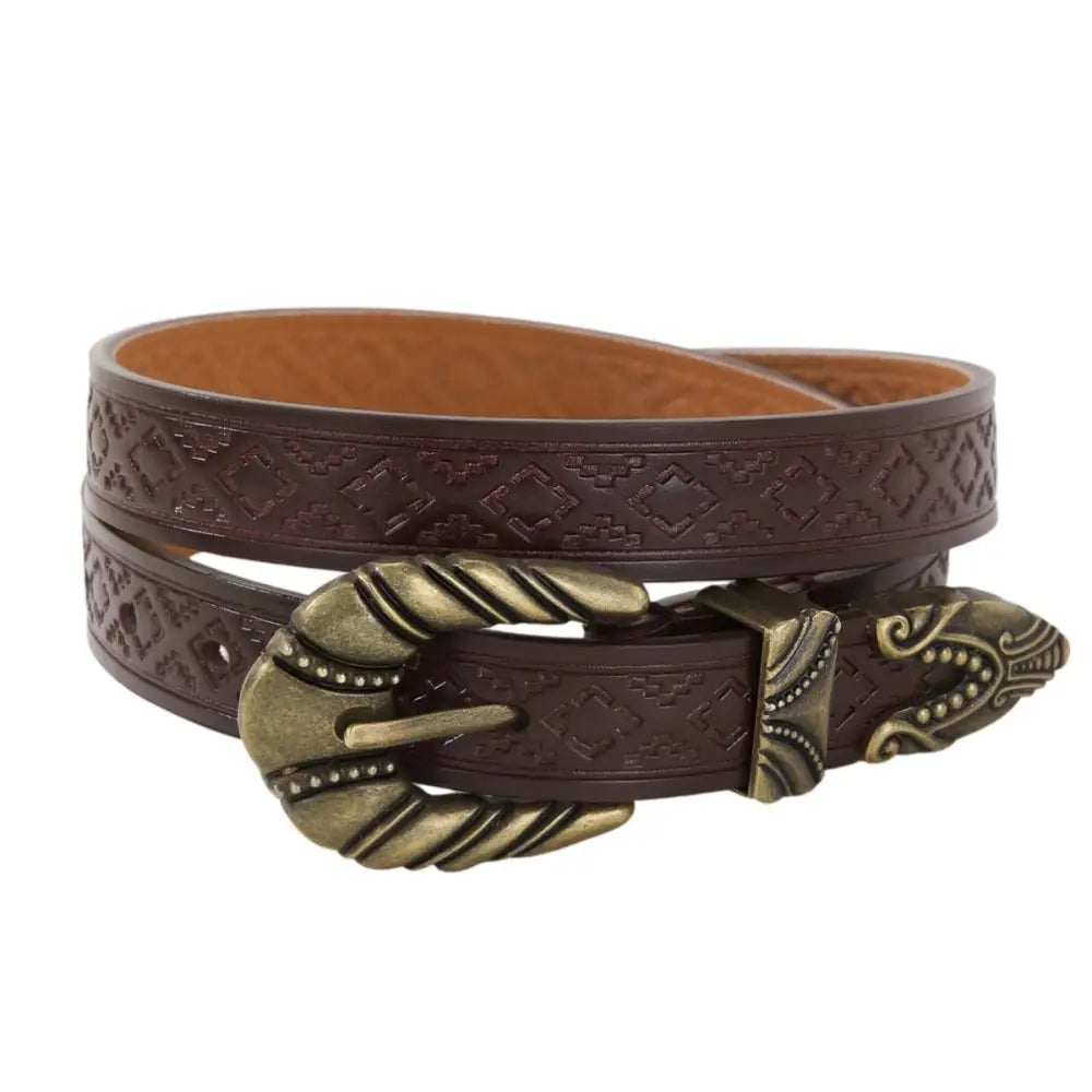 Brown leather Imada Western Belt featuring an ornate metal buckle with tip