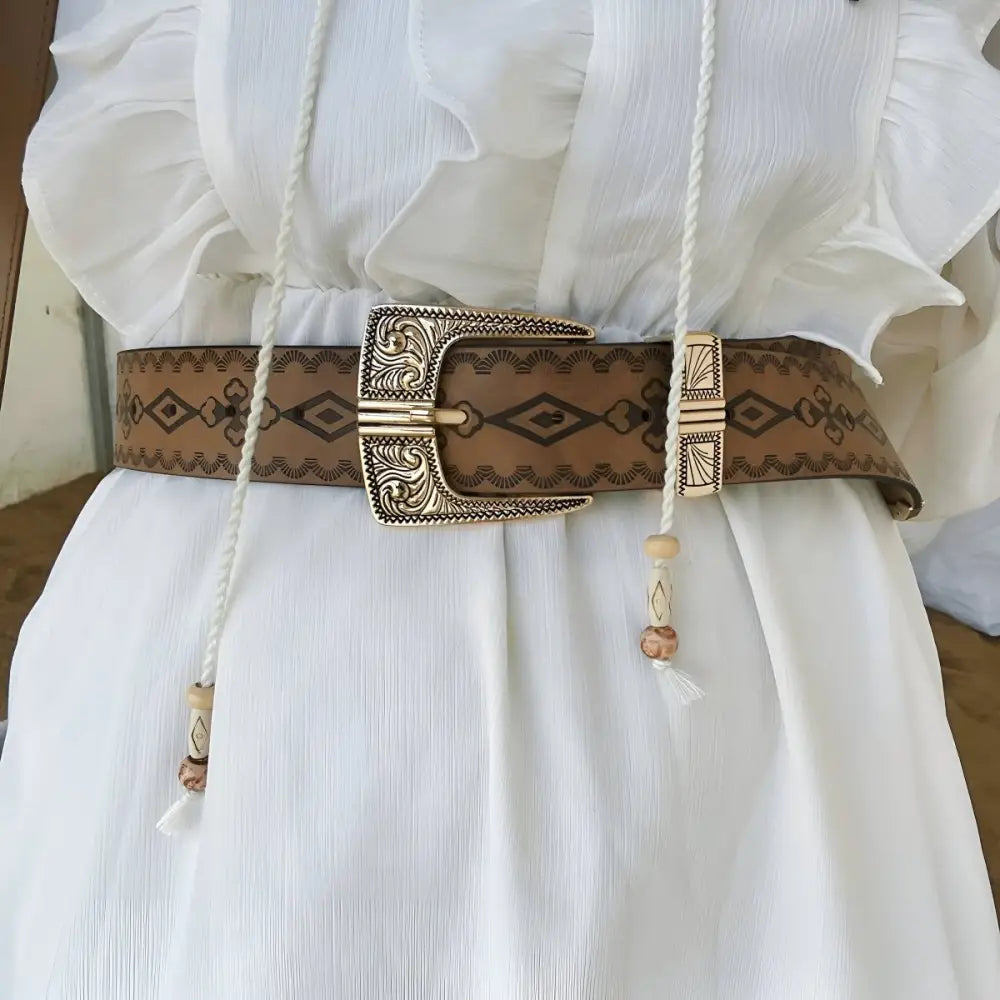Embossed brown leather western belt with ornate gold buckle from Maeda Western Belt collection