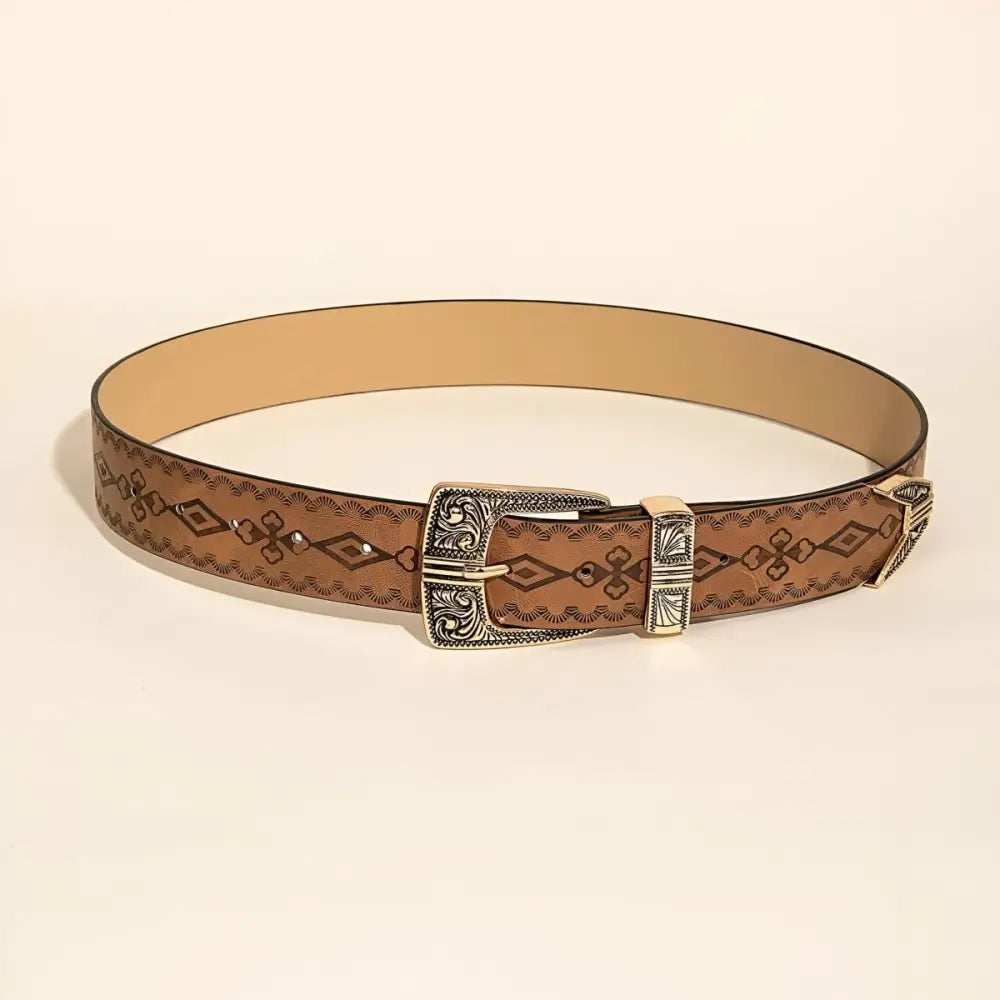 Brown patterned Maeda Western belt with silver buckle for Burgundy Knit Dress