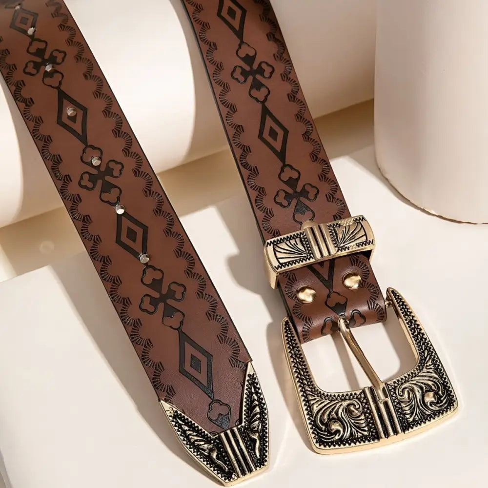 Brown western-style belt featuring Maeda Western Leather Buckle for the Burgundy Knit Dress