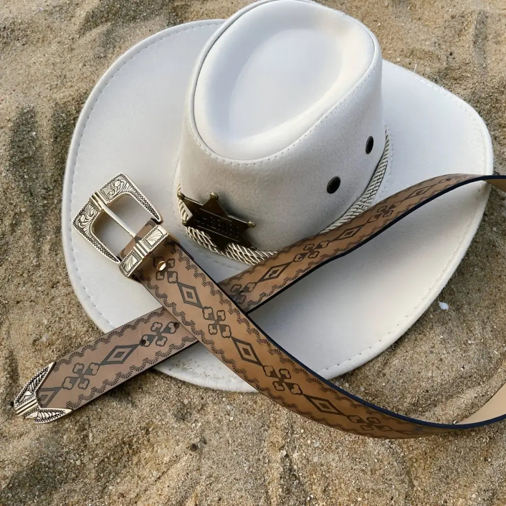 White cowboy hat with patterned Maeda Western leather belt and gold buckle for a Western look