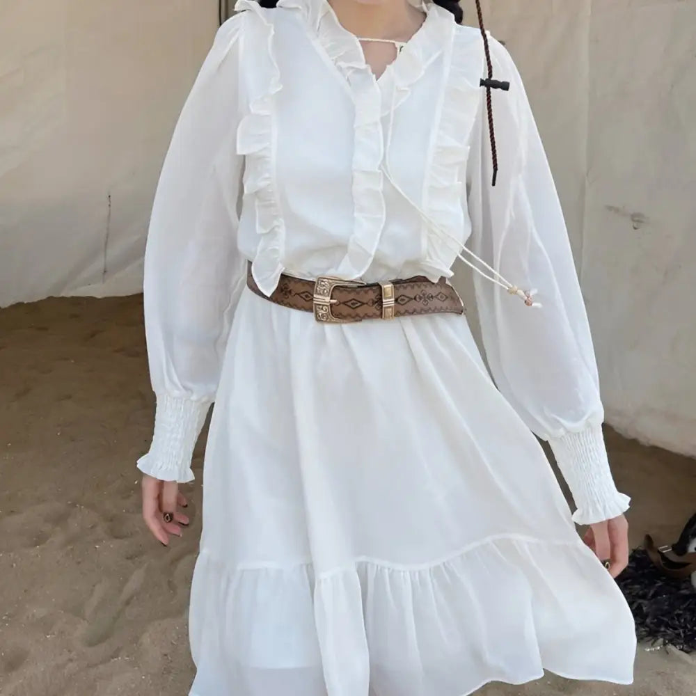 White ruffled dress with Maeda Western Leather Belt and Gold Buckle for elegant style