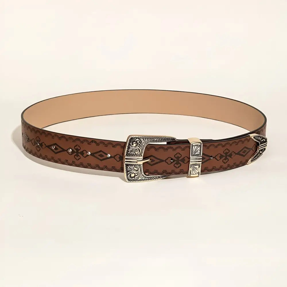 Brown leather Maeda Western belt with silver buckle for Burgundy Knit Dress