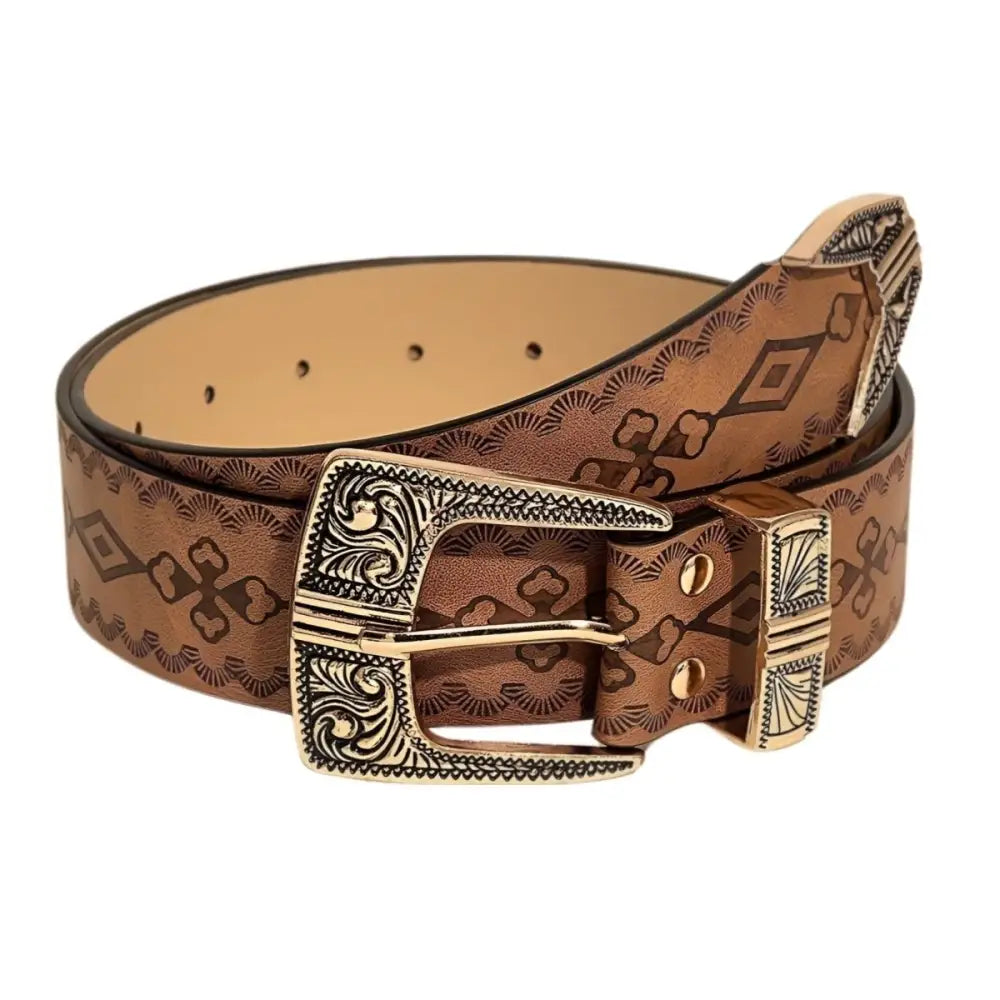 Brown leather Maeda Western belt with ornate gold buckle for Burgundy Knit Dress