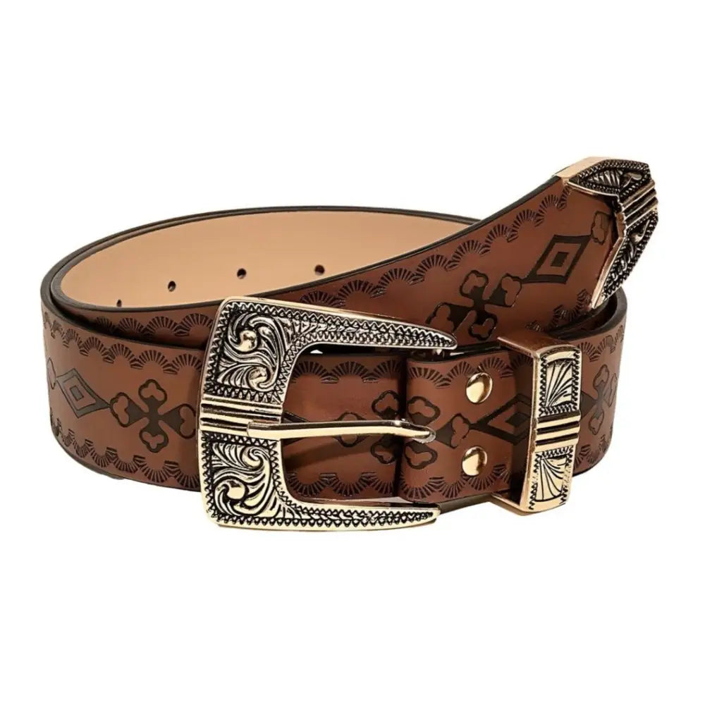 Brown leather western belt with ornate gold buckle from Maeda Western Belt collection