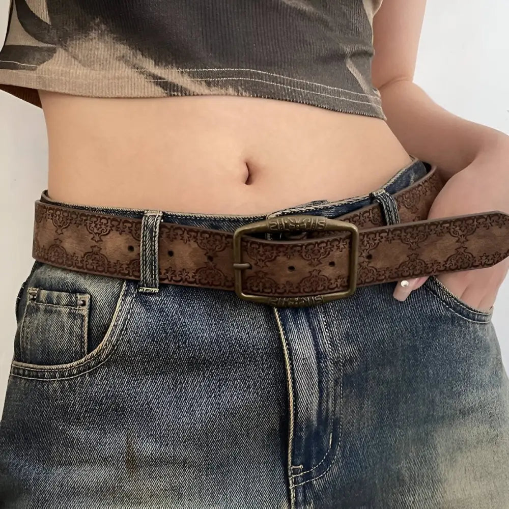Brown patterned western belt with square buckle for stylish western wear