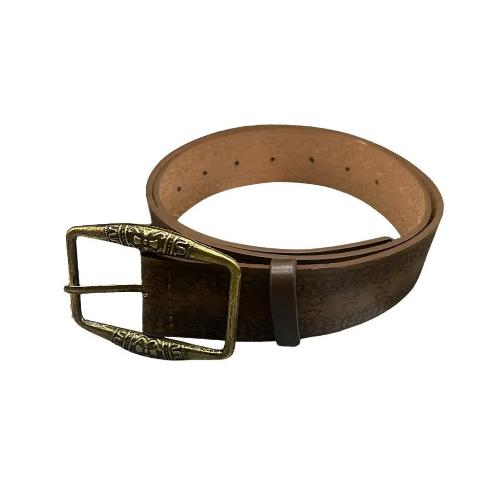 Brown leather western belt with bronze buckle for stylish western wear and durability