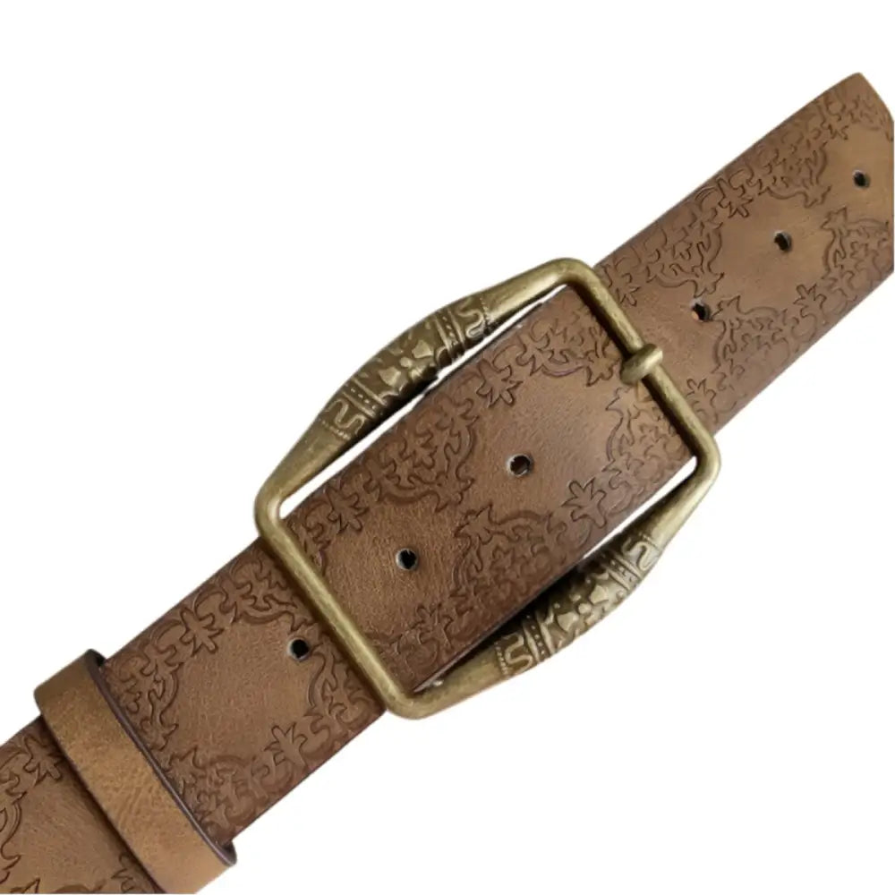 Western belt made of brown leather with an ornate decorative buckle for stylish wear
