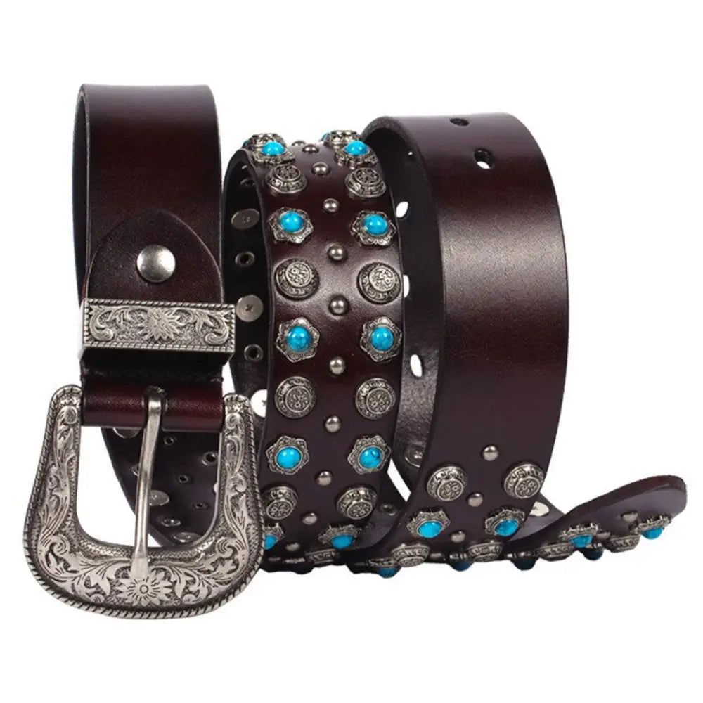 Freda Western Belt with turquoise and silver embellishments showcasing genuine brown leather