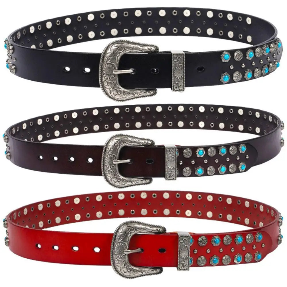 Freda Western Belt featuring turquoise and silver embellishments with three studded western belts