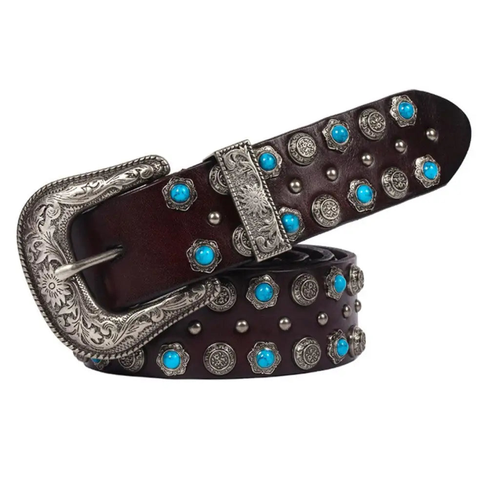 Brown leather Freda Western Belt with turquoise and silver embellishments for women