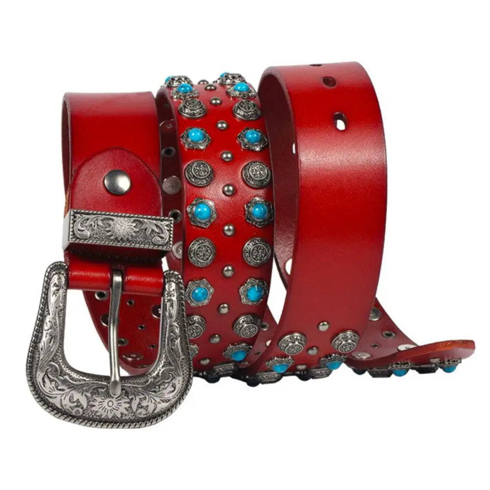Red leather Freda Western Belt with turquoise and silver embellishments for a stylish western look