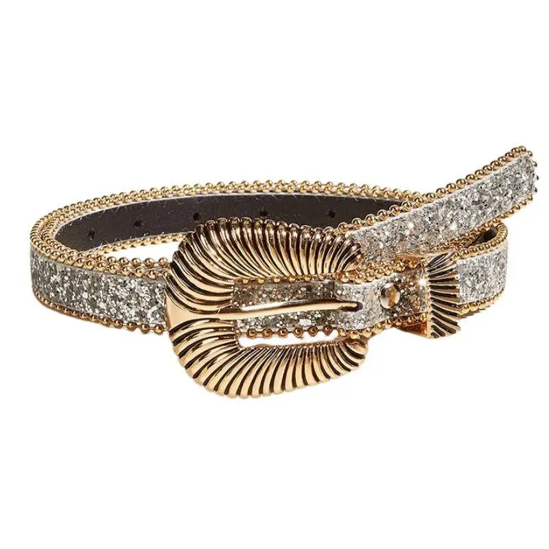 Glittery gold-tone Yerema Western Rhinestone Belt with ornate gold buckle