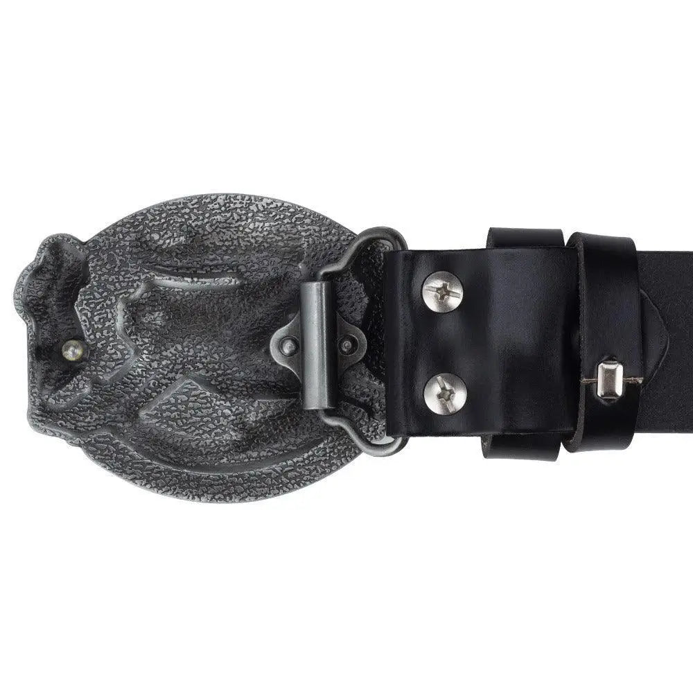 Embossed Leather Western Belt with Eagle Buckle featuring black leather strap