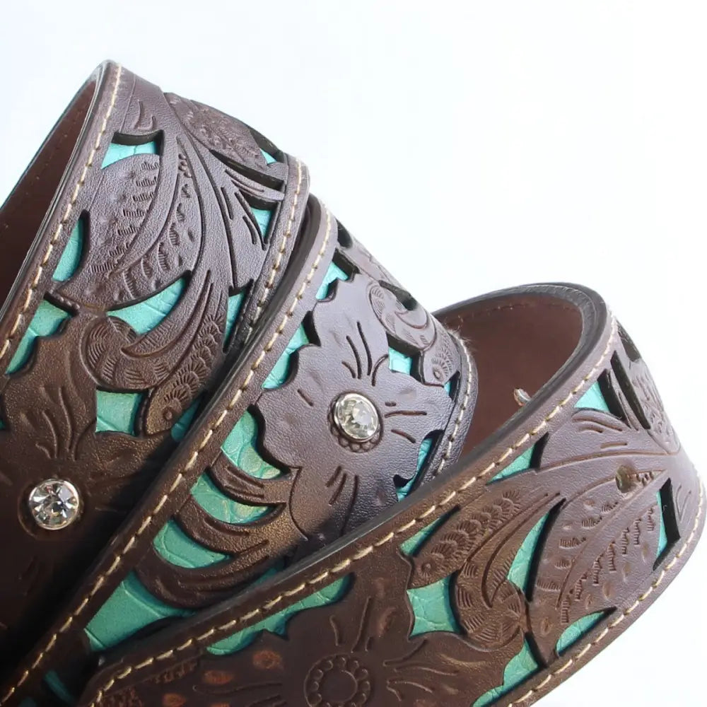 Brown leather western belt with turquoise accents, floral cutouts, and rhinestone buckle Naya