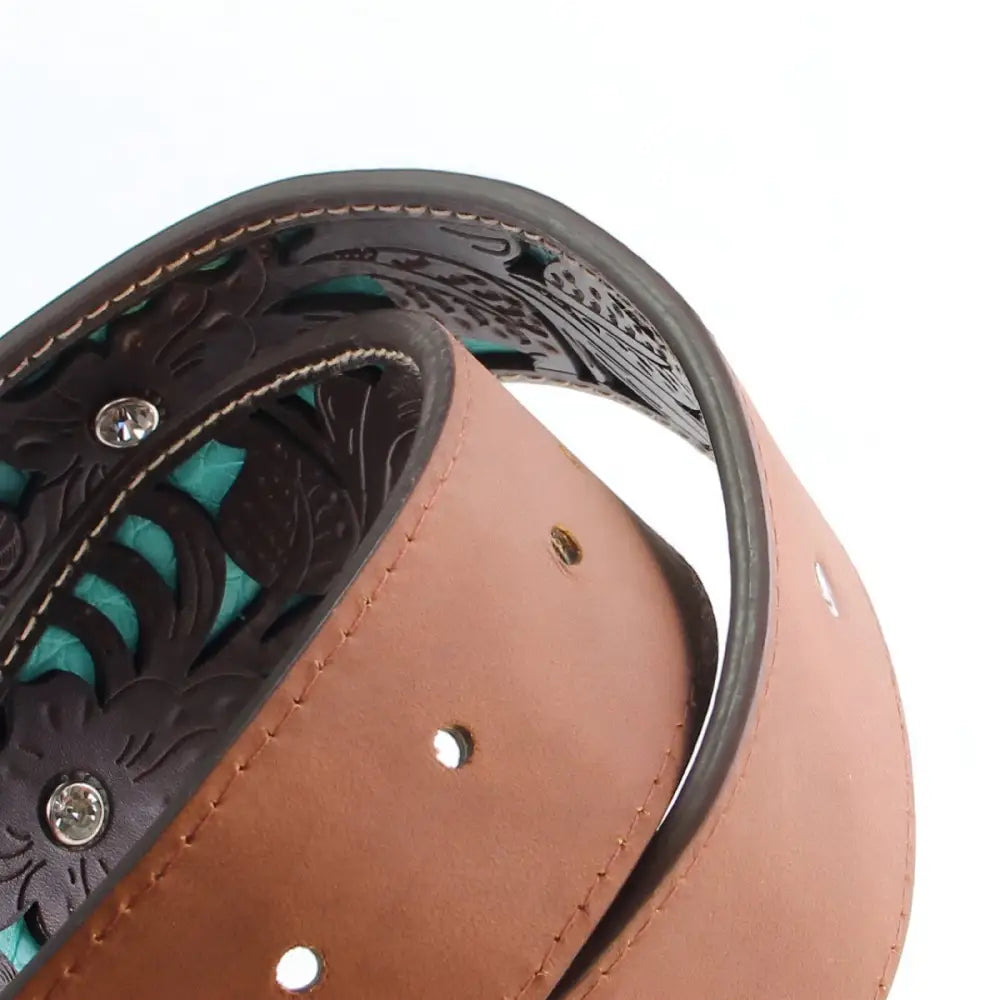 Brown leather western belt with rhinestone buckle Naya and turquoise accents