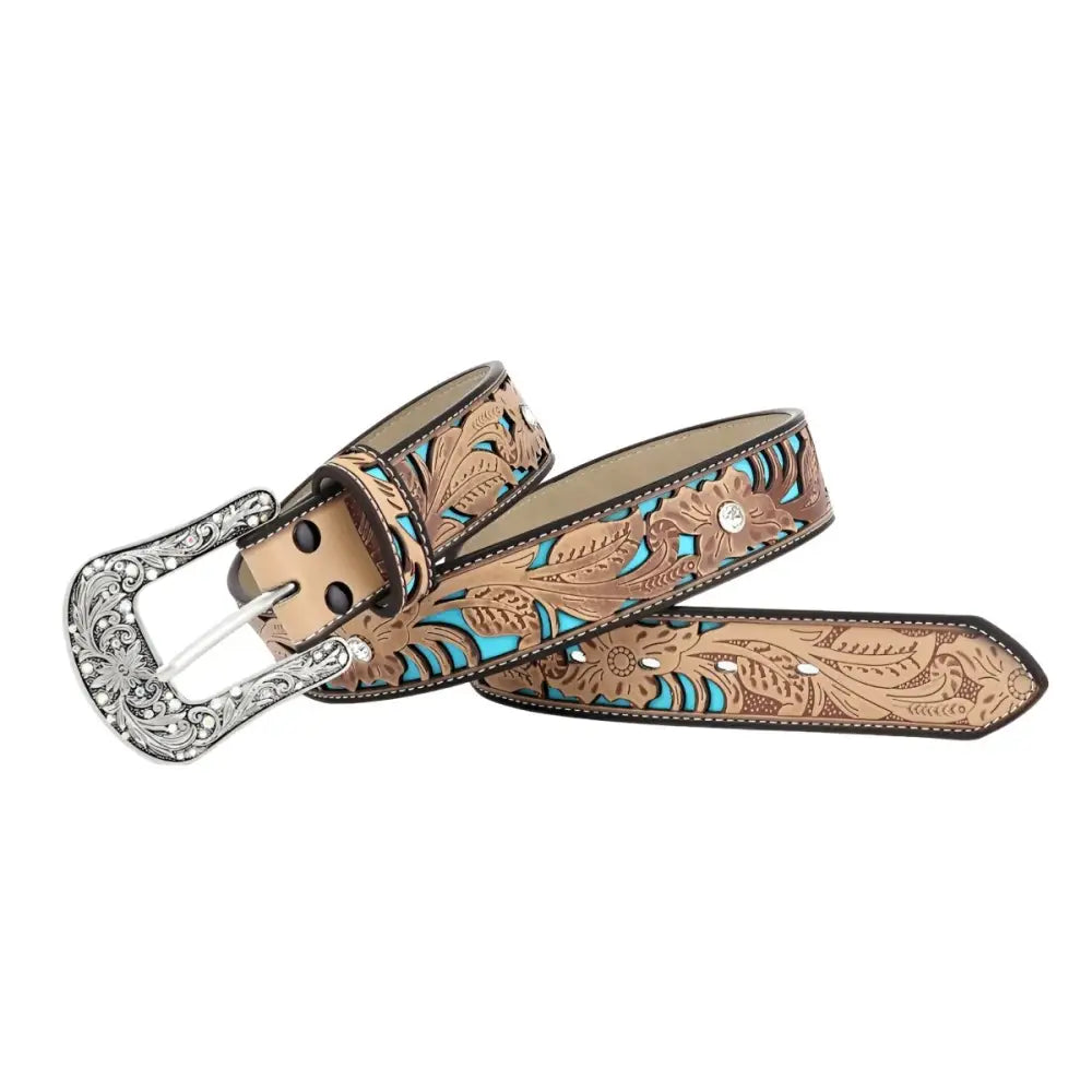 Embossed brown leather western belt with turquoise accents and rhinestone buckle Naya