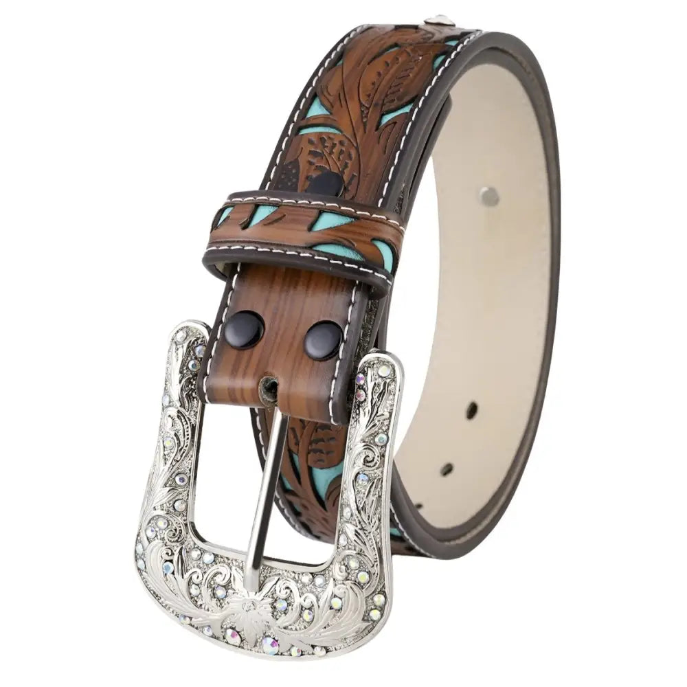 Brown leather western belt with turquoise accents and rhinestone buckle Naya
