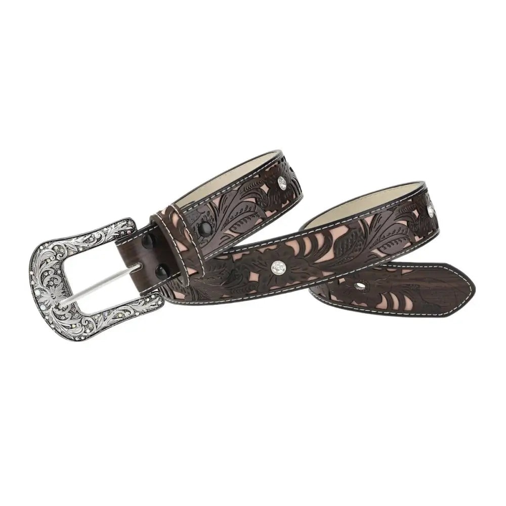 Embossed brown leather western belt with rhinestone buckle Naya and turquoise accents