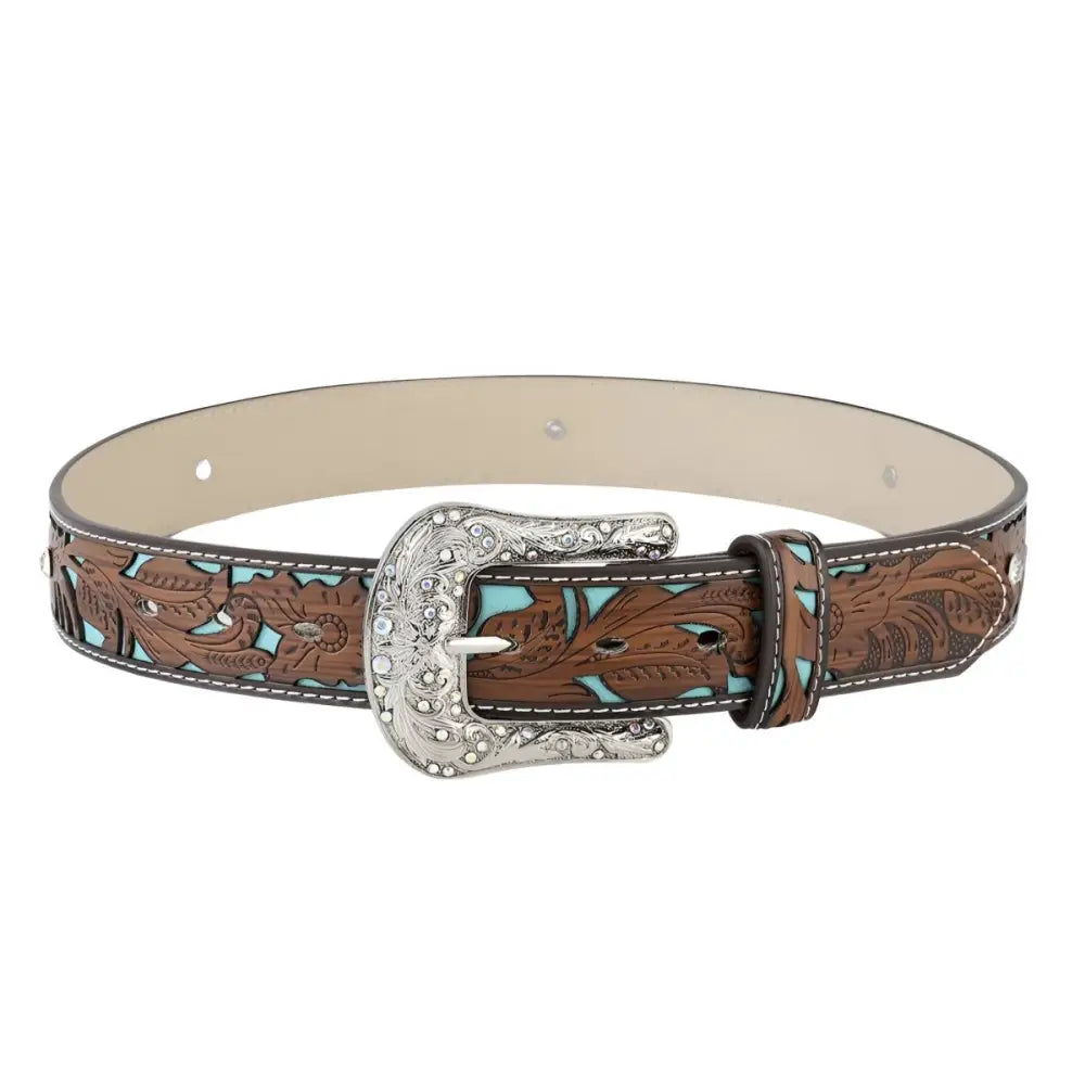 Brown leather western belt with turquoise accents and rhinestone buckle Naya