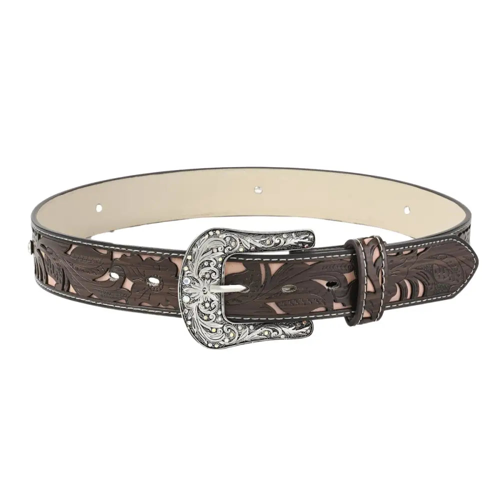 Brown leather western belt with rhinestone buckle naya and turquoise accents for style