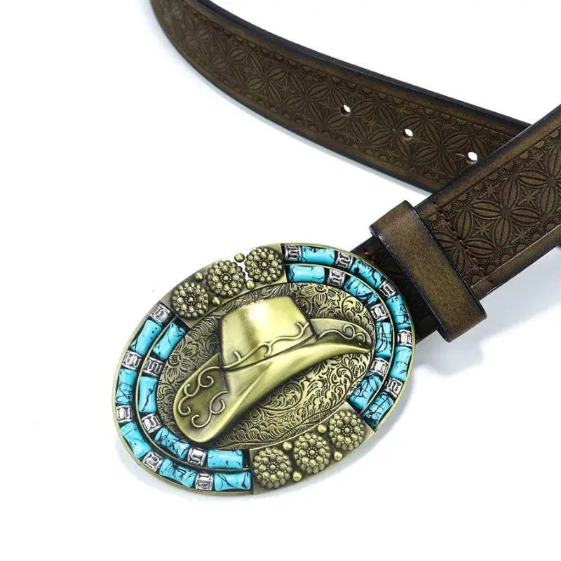 Brown leather belt with a cowboy hat-shaped buckle suitable for Western style accessories