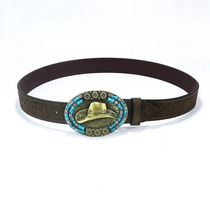 Brown leather belt with cowboy hat buckle displayed in product Brown Leather Belt Featuring Cowboy Hat Buckle