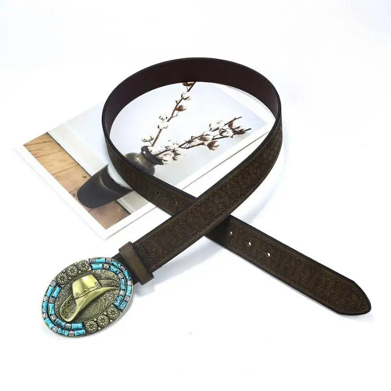 Brown leather belt with a cowboy hat-shaped buckle for Western style fashion