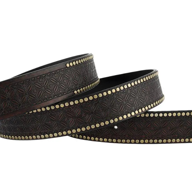 Western belt with brown leather and studded edges featuring ornate bull buckle