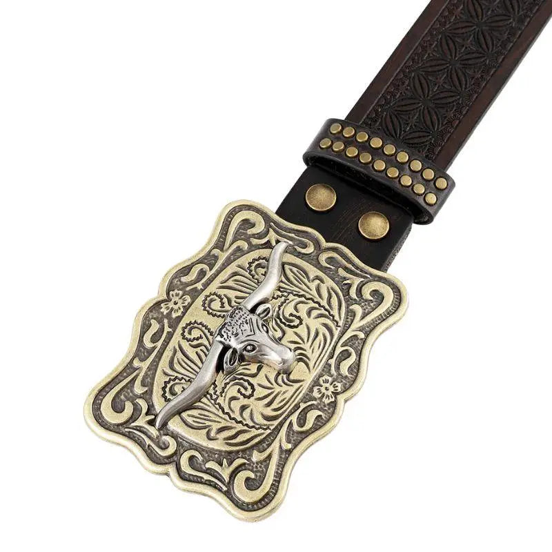 Brown leather western belt with ornate bull buckle and studded edges for American Western style