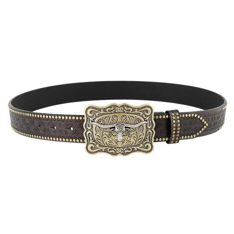 Brown leather western belt with ornate bull buckle and studded edges for American Western style