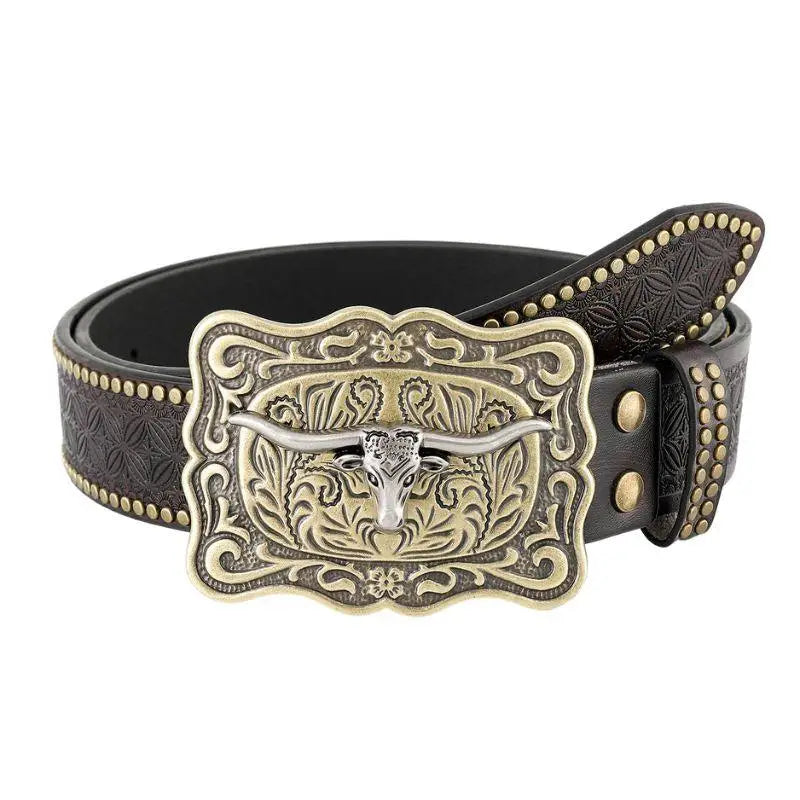 Western belt with ornate bull buckle showcasing American Western style craftsmanship