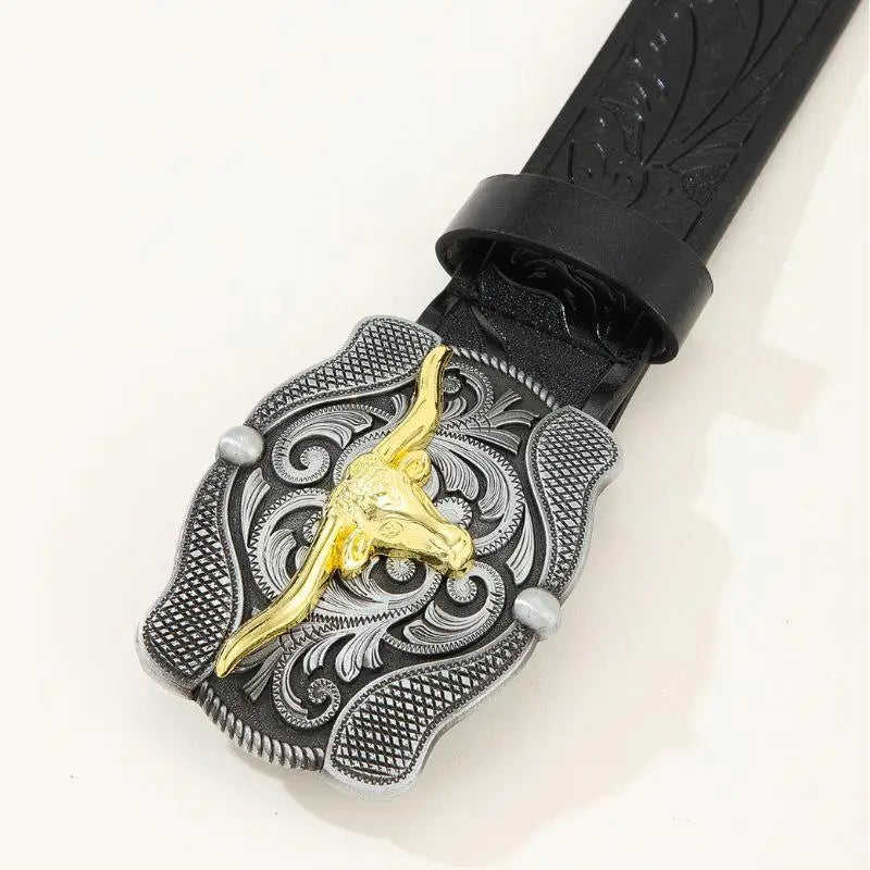 Black leather Gaima Western Belt featuring an ornate bull buckle for western style