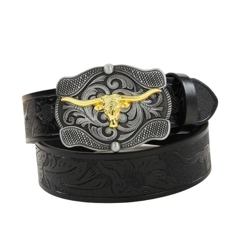 Gaima Western Belt with Ornate Bull Buckle in Black Leather, a stylish western belt