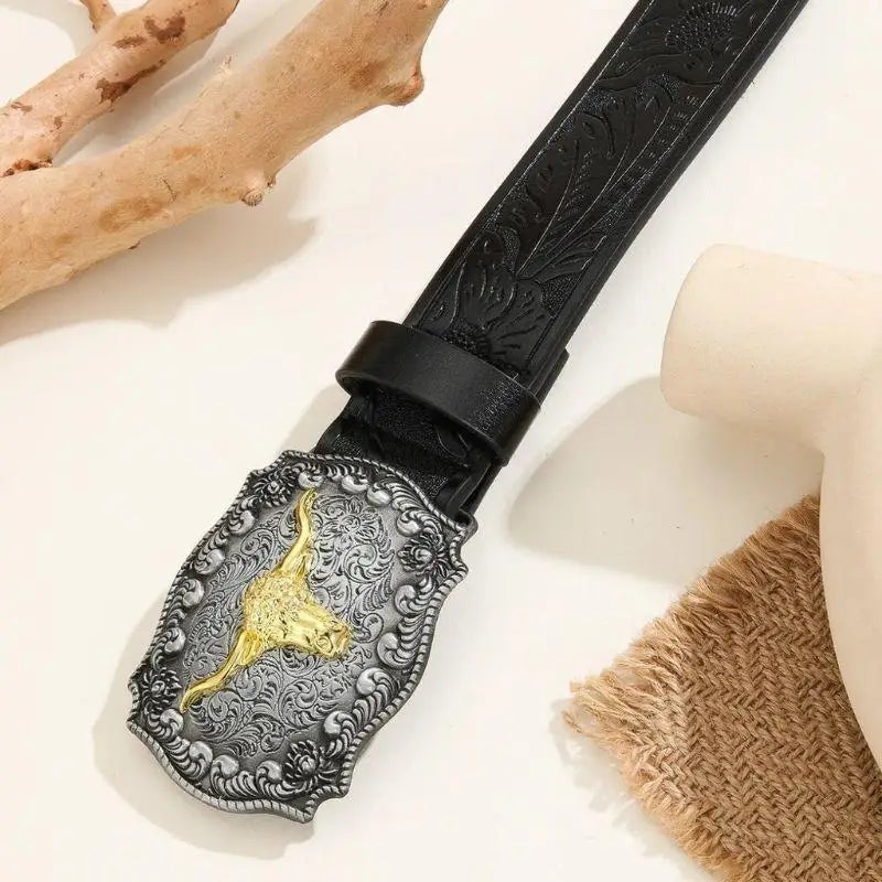Black leather belt featuring an ornate bull buckle for stylish Western wear