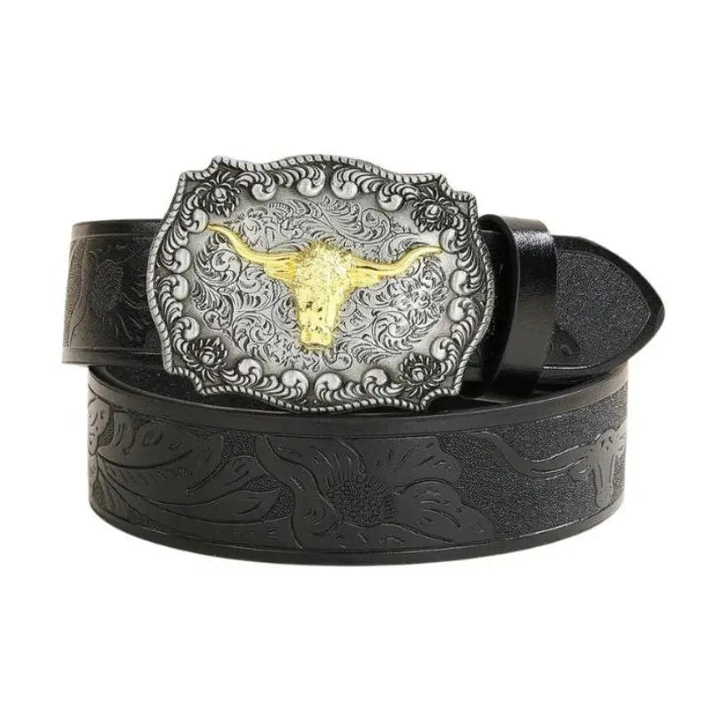 Black leather belt featuring an ornate bull-shaped buckle for stylish Western fashion