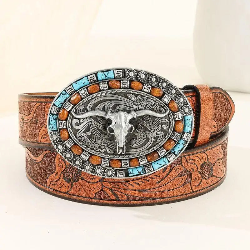 Brown leather belt featuring a Steer Skull buckle for Western style fashion