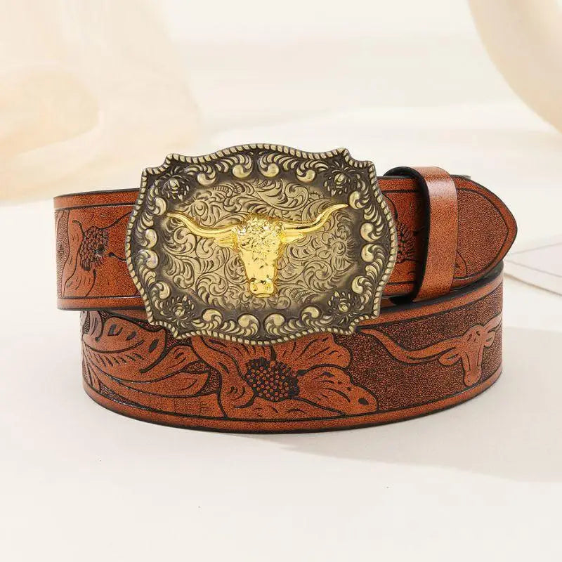 Brown leather belt featuring an ornate bull buckle for a stylish Western look