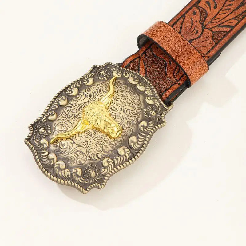 Brown leather belt featuring an ornate bull buckle for stylish western wear
