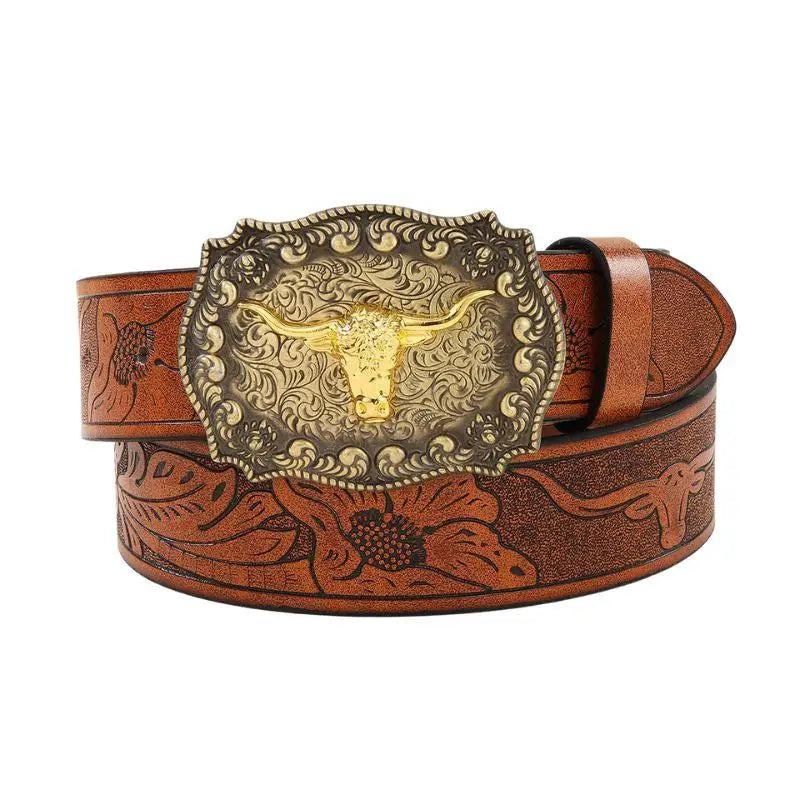 Brown leather belt featuring an ornate Bull Buckle for stylish Western attire