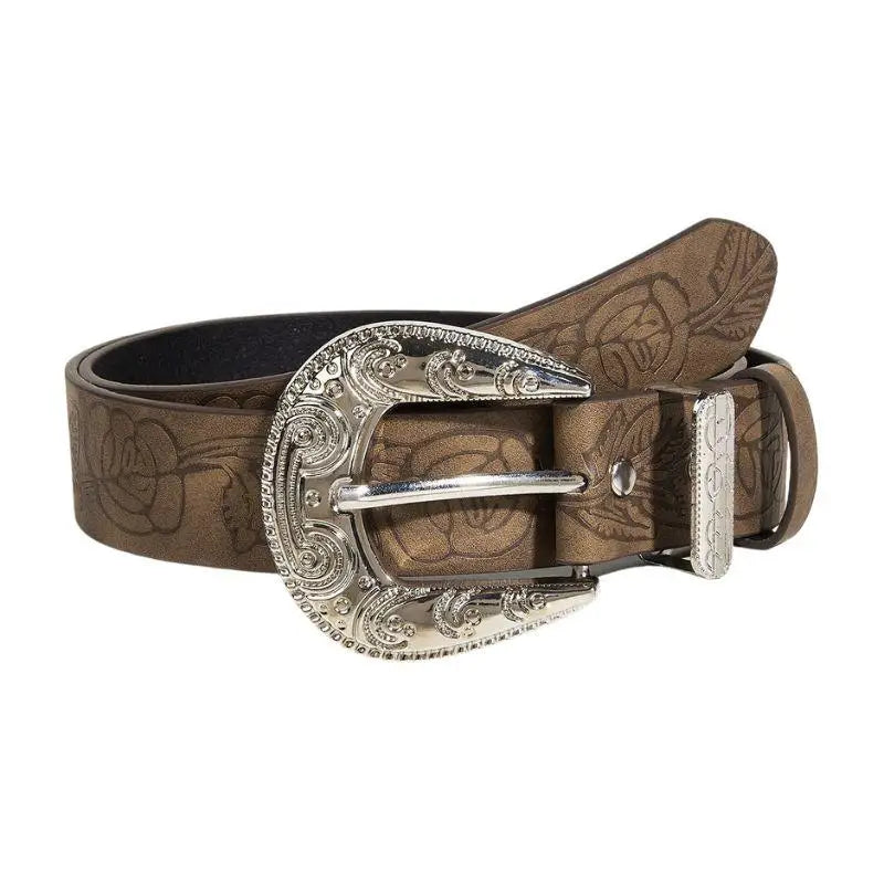 Brown leather belt with an ornate silver buckle for men’s fashion accessory