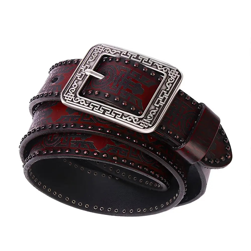 Maroon leather belt with silver embossed buckle displayed in product listing