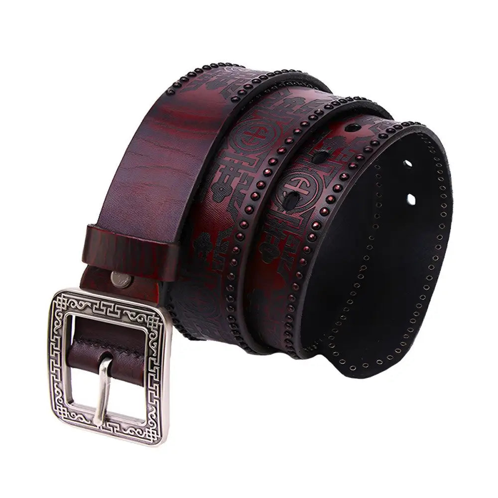 Maroon leather belt with silver embossed buckle displayed in product Maroon Leather Belt with Silver Embossed Buckle