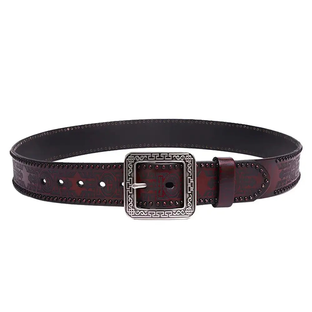 Maroon leather belt with silver embossed buckle for stylish men’s fashion