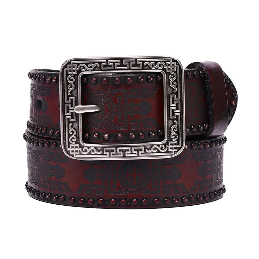 Maroon leather belt with silver embossed buckle for stylish accessories