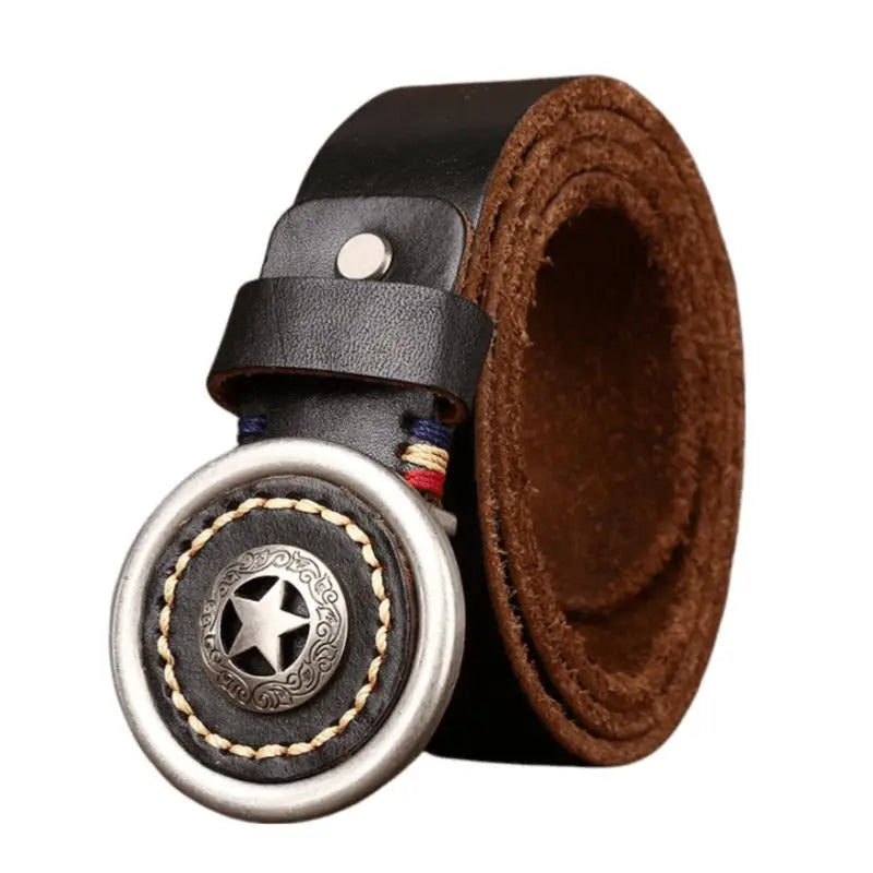 Rolled black leather western belt with star buckle for classic Western style fashion