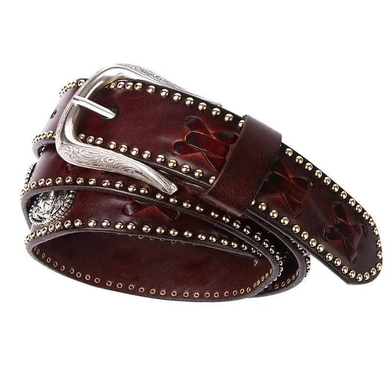 Western Leather Chumani belt in burgundy with silver studs and buckle pattern
