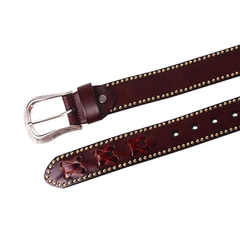 Western Leather Chumani belt featuring studded brown leather design